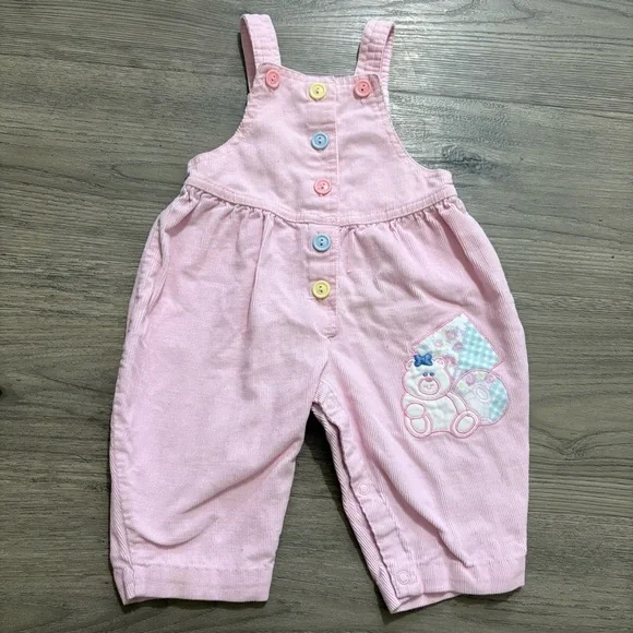 Vtg Pink Corduroy Romper Overalls Embroidered Teddy Bear Balloon 6-9 Months - Picture 1 of 11